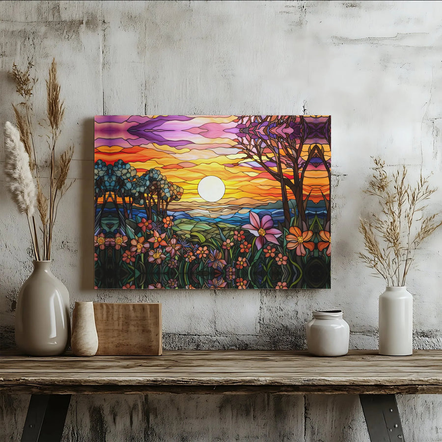 Stained Glass Sunset Landscape Canvas | Vibrant Floral Nature Wall Art | Premium Gallery Wrapped Print | Modern Home Decor Gift