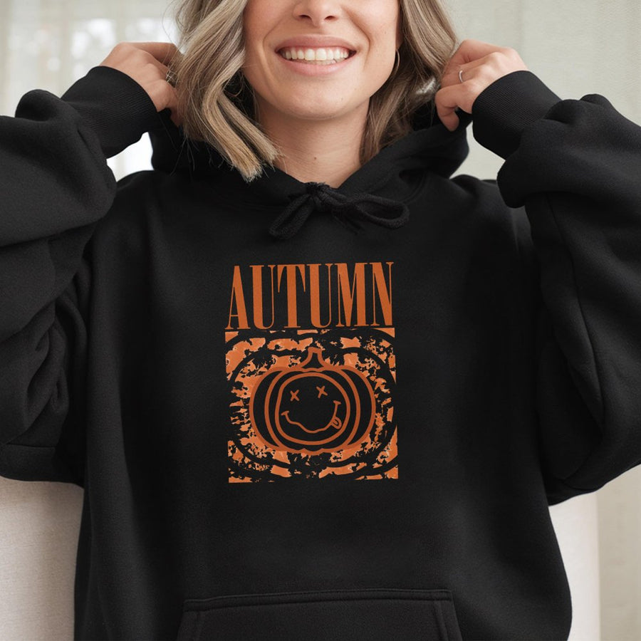 Autumn Pumpkin Hoodie | Grunge Smiley Face Graphic | Premium Cotton Blend | Unisex Fall Aesthetic Sweatshirt Gift