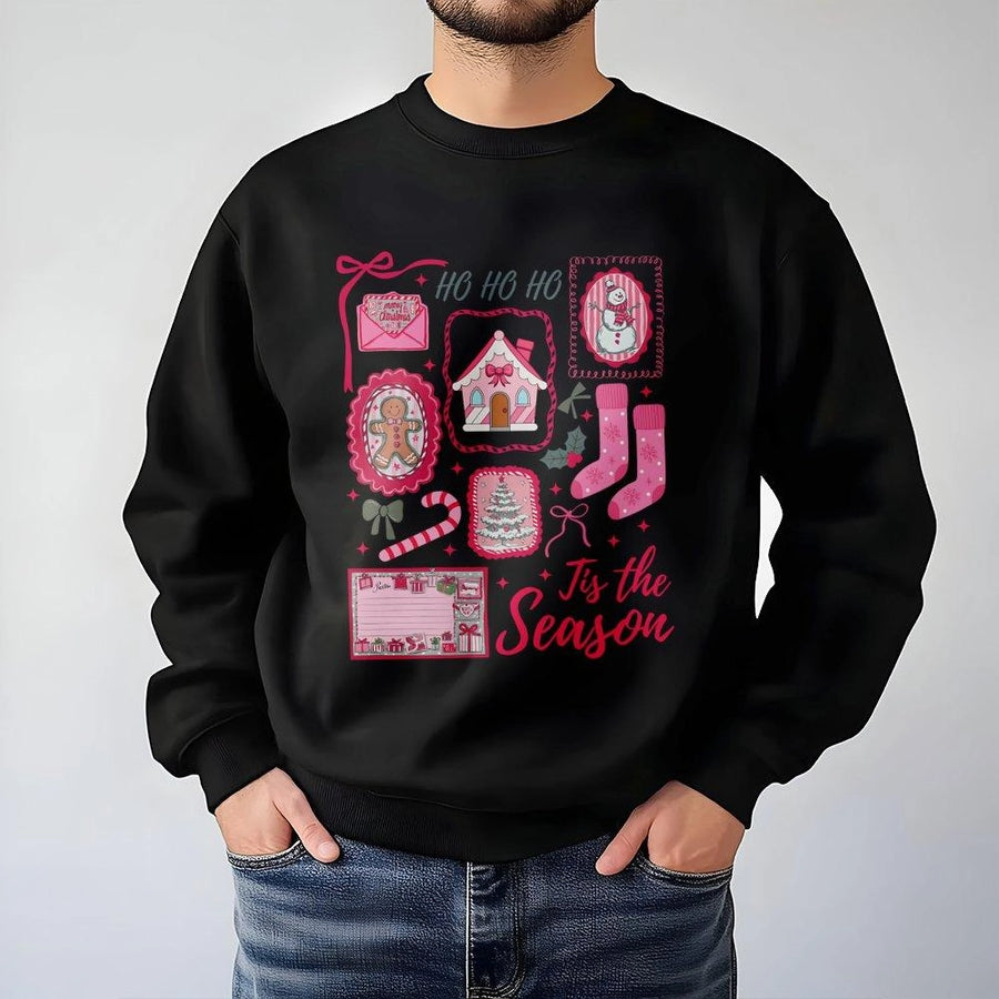 Tis The Season Sweatshirt | Cute Pink Christmas Icons Graphic | Premium Cotton Blend Cozy Crewneck | Holiday Gift For Women And Teen Girls
