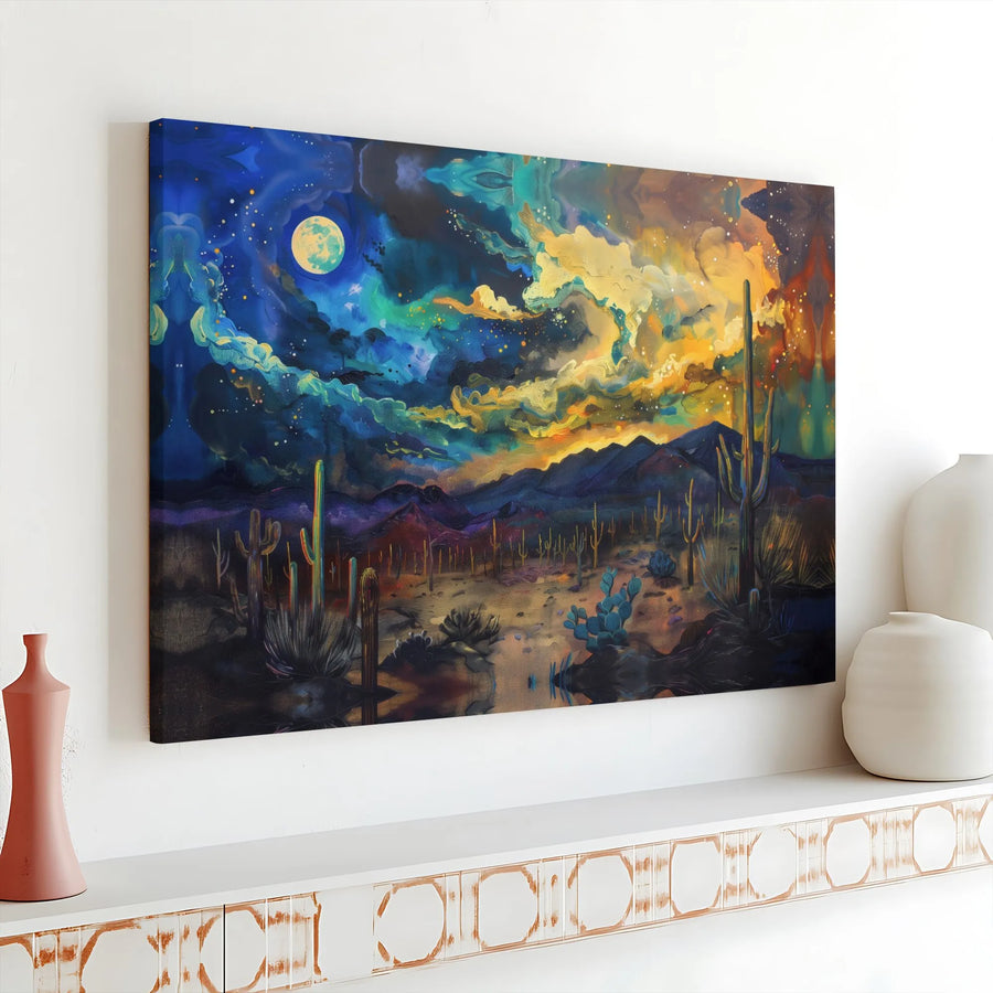 Surreal Desert Landscape Canvas Art | Vibrant Saguaro Cactus Night Sky Print | 1.25" Premium Gallery Wrap | Southwest Home Decor Wall Accent