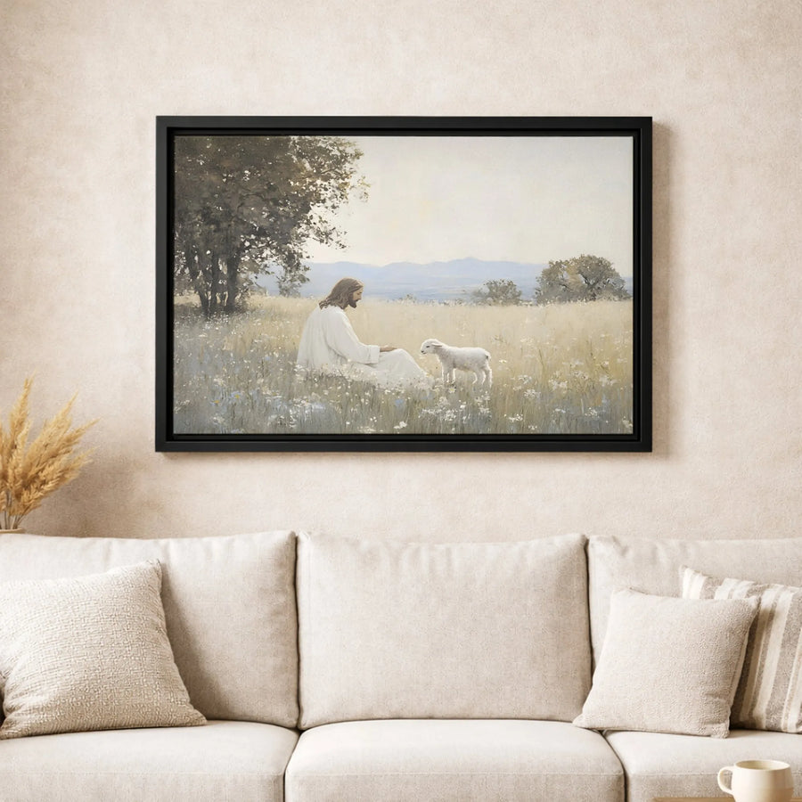 Jesus With Lamb Wall Art | Religious Meadow Painting | Premium Gallery-Wrapped Canvas | Christian Home Decor Gift
