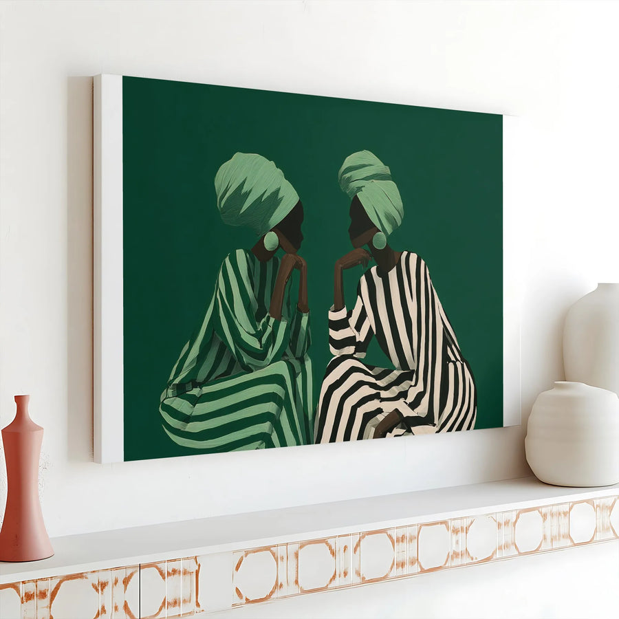 African Women Portrait Horizontal Canvas | Bold Green Headwrap & Striped Fashion Art | Premium 1.25-Inch Gallery Wrap | Afrocentric Wall Decor, Elegant Cultural Gift