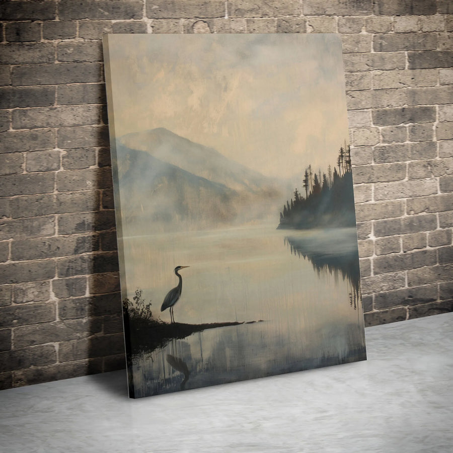 Heron Canvas Wall Art | Misty Mountain Lake Landscape | Premium Fade-Resistant Print | Serene Nature Decor for Living Room or Office