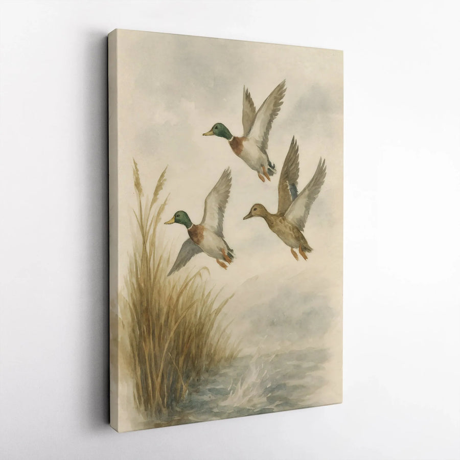 Mallard Duck Canvas Print | Flying Ducks Watercolor Art | 1.25 Inch Gallery Wrap Wall Decor | Rustic Cabin or Nature Lover Gift