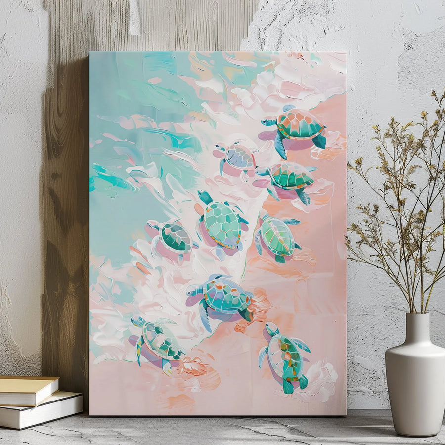 Baby Sea Turtle Wall Art | Abstract Beach Ocean Painting | Premium Gallery-Wrapped Canvas | Coastal Home Decor Gift for Ocean Lovers