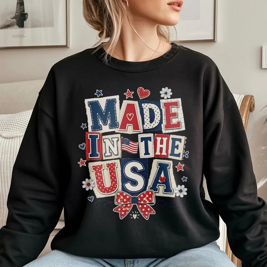 Patriotic USA Sweatshirt | Coquette Collage Made in USA Graphic | Premium Cotton Blend | 4th of July Independence Day Gift for Men & Women