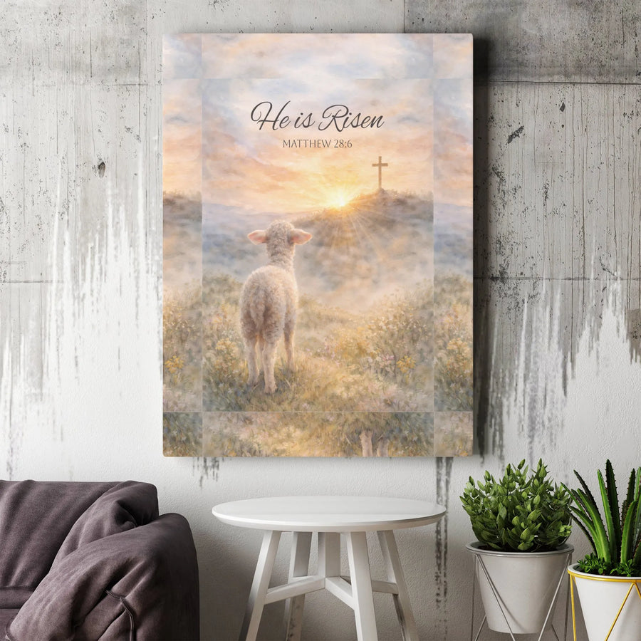 He is Risen Canvas Wall Art | Lamb of God with Cross Watercolor Print | Premium Christian Artwork | Religious Home Decor Gift