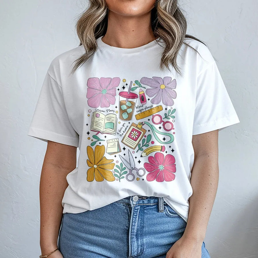 Teacher T-Shirt | Retro Floral School Supplies Graphic | Soft Cotton Premium Tee | Cute Back to School Gift for Teachers