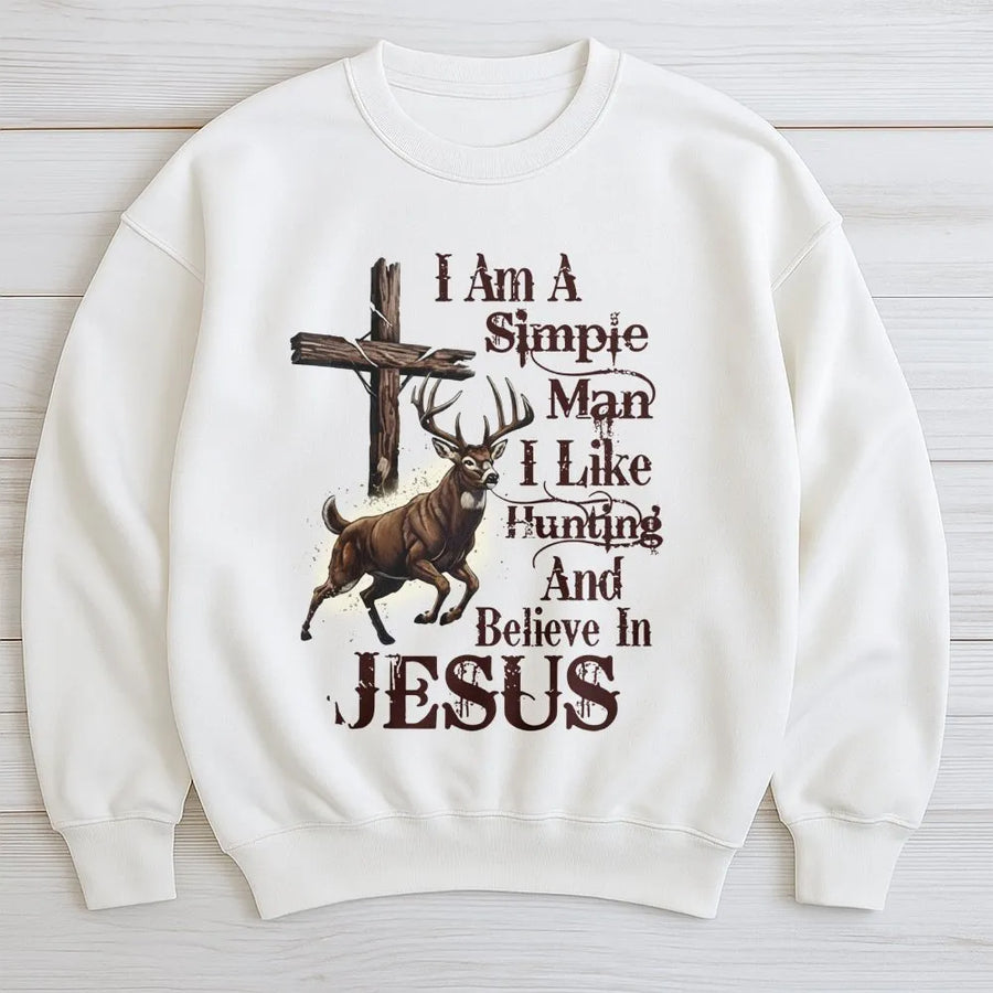 Simple Man Hunting Sweatshirt | Christian Deer Hunter Graphic | Premium Cotton Blend Crewneck | Religious Outdoor Gift For Men