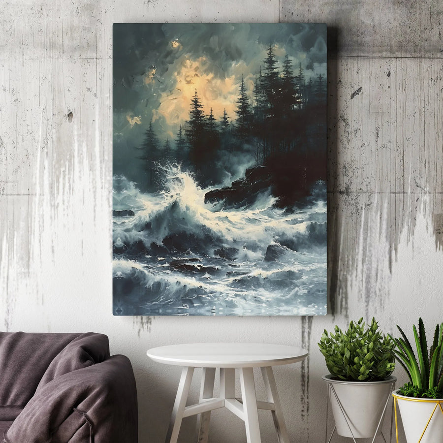 Stormy Ocean Canvas Wall Art | Moody Seascape with Crashing Waves | Premium Canvas Print | Home & Office Decor Gift