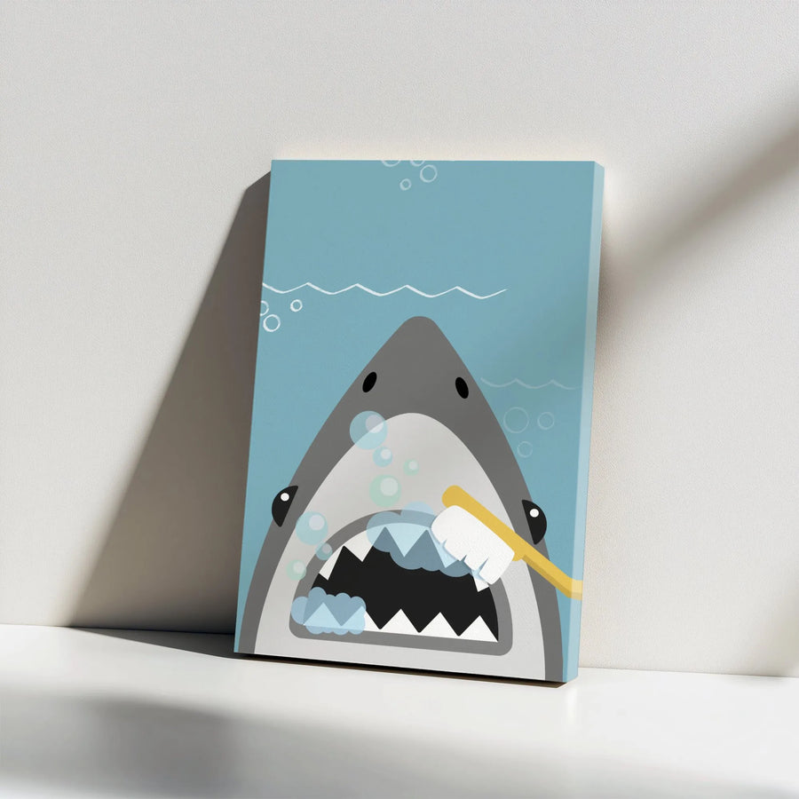 Cute Shark Brushing Teeth Canvas Art | Funny Bathroom Wall Decor | Premium Stretched Gallery Wrap | Kids Nursery or Bathroom Gift