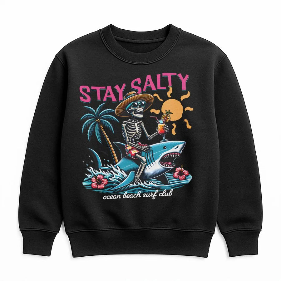Stay Salty Skeleton Shark Sweatshirt | Funny Retro Surfer Graphic | Premium Cotton | Summer Vacation Gift for Men & Women