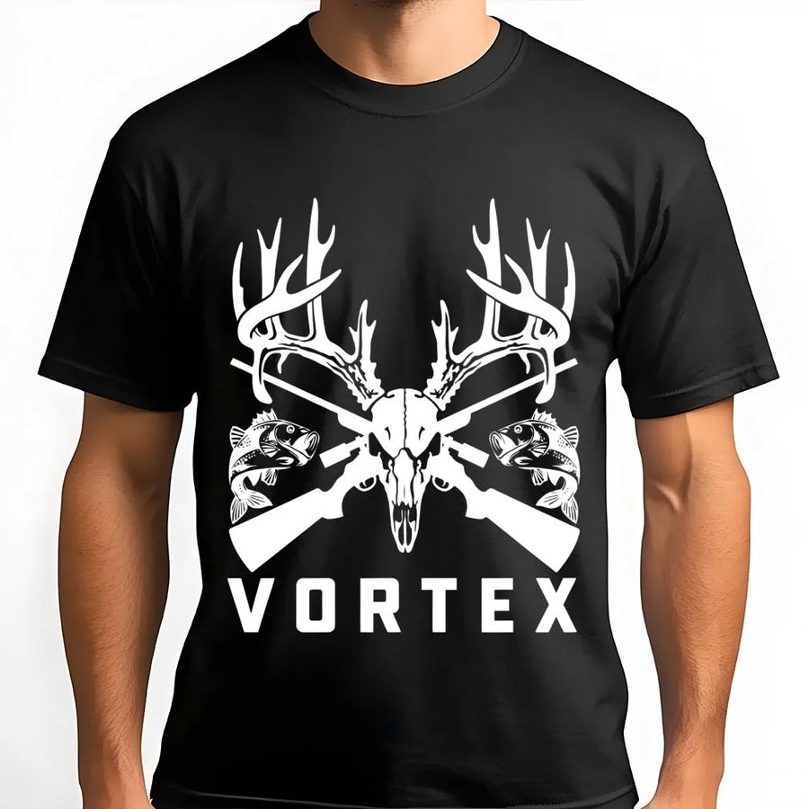 Hunting and Fishing T-Shirt | Deer Skull Antler and Bass Graphic | Premium Cotton Unisex Outdoor Tee | Gift for Outdoorsman Hunter Angler
