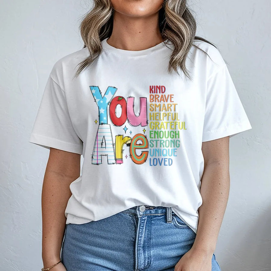 Positive Affirmation Tee | Colorful 'You Are Kind Brave Smart' Graphic | Soft Breathable Cotton | Mental Health Awareness Gift