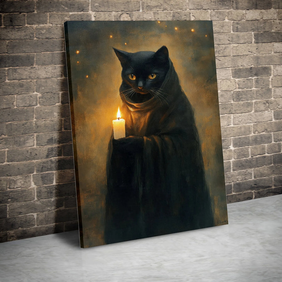 Mystical Black Cat Canvas Wall Art | Dark Academia Robe & Candle Portrait | Premium Gallery-Wrapped Decor | Gothic Witchy Gift for Cat Lovers