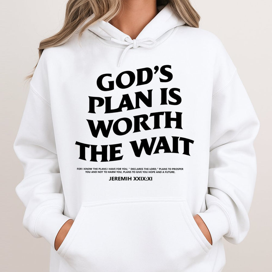 God's Plan Is Worth The Wait Hoodie | Bible Verse Scripture Quote | Premium Cotton-Blend Apparel | Religious Gift for Men and Women