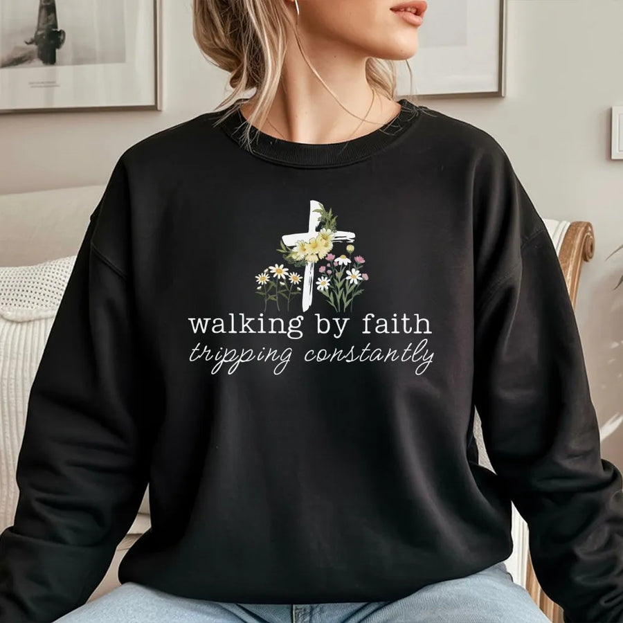 Walking By Faith Sweatshirt | Funny Christian Floral Cross Graphic | Cozy Unisex Crewneck | Spiritual Bible Verse Gift