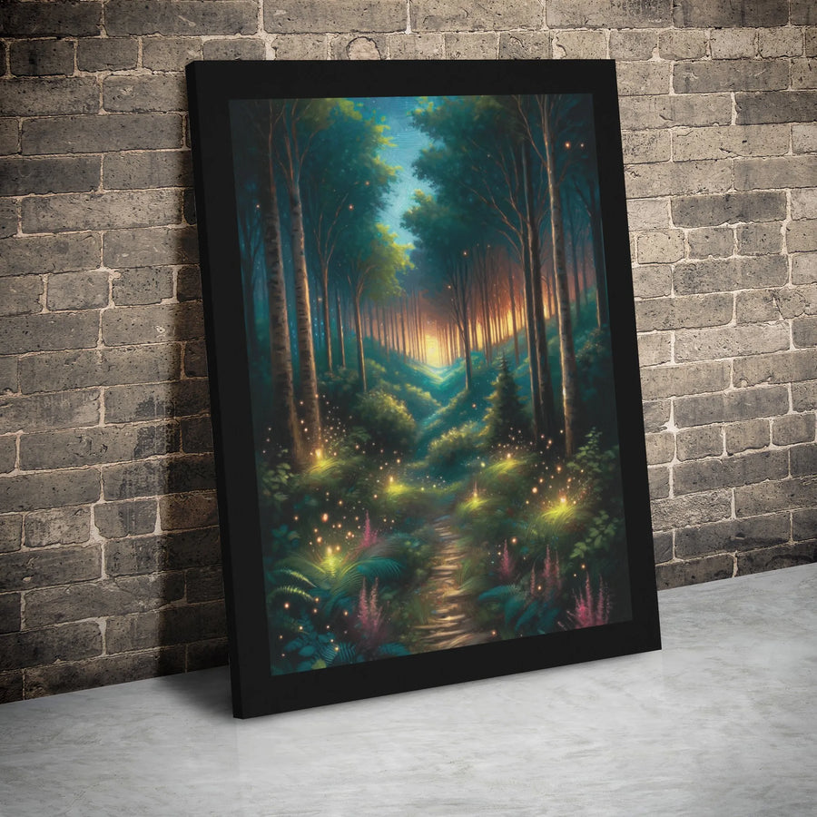 Enchanted Forest Canvas Wall Art | Magical Firefly Path at Sunset | Premium Gallery Wrapped Decor | Whimsical Nature Home Gift