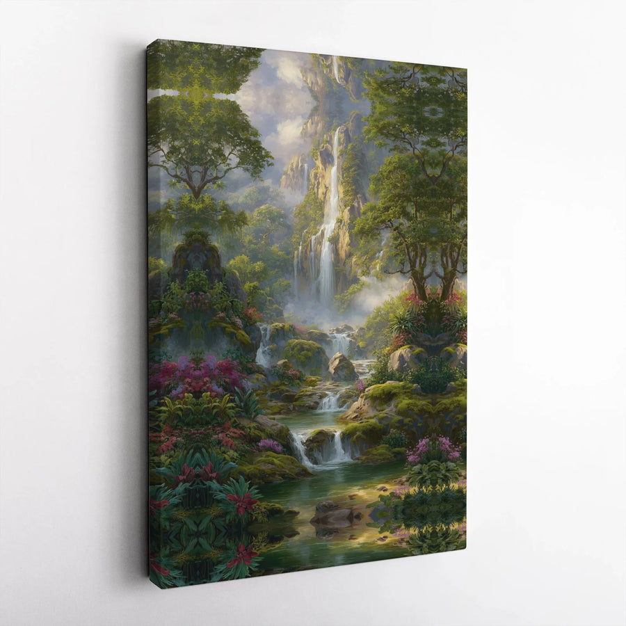 Enchanted Forest Waterfall Wall Art | Vibrant Tropical Landscape Print | Premium Canvas | Serene Nature Art for Living Room Decor