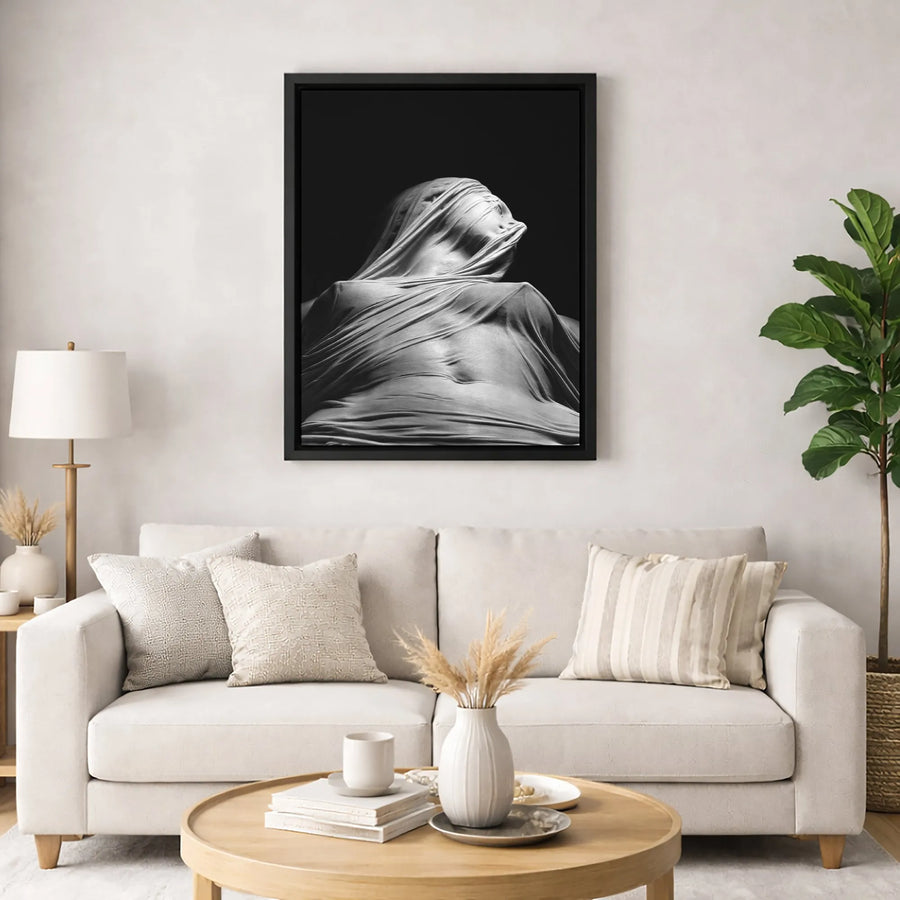 Veiled Figure Wall Art | Moody Black and White Marble Statue Aesthetic | Premium Gallery-Wrapped Canvas | Modern Minimalist Home Decor Gift