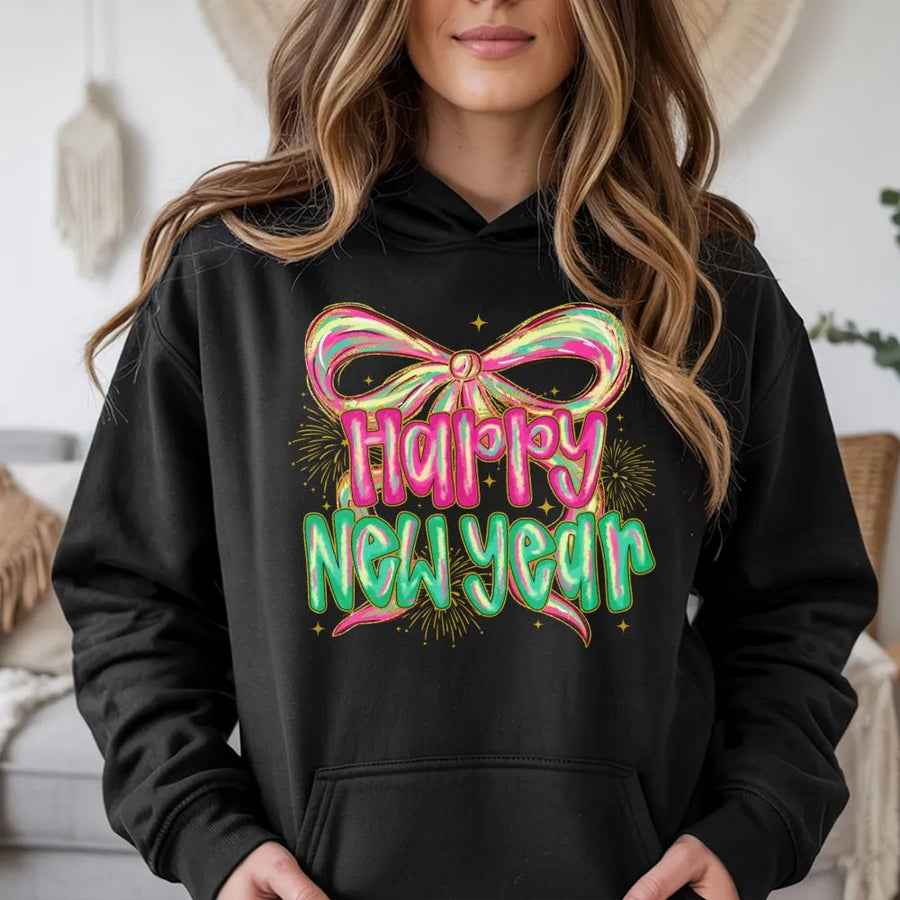 Happy New Year Hoodie | Neon Bow and Fireworks Graphic | Premium Cotton Blend | Festive Holiday Party Outfit for Women and Men