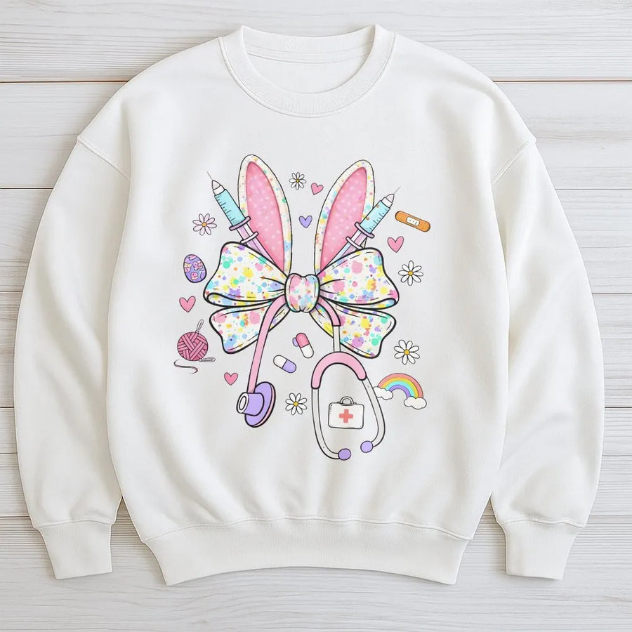 Nurse Bunny Bow Sweatshirt | Pastel Easter Medical Graphic | Premium Cotton Blend Crewneck | Cute RN Nurse Appreciation Gift for Her