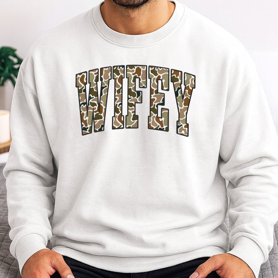 Wifey Sweatshirt | Camo Lettering Varsity Graphic | Soft Cotton Blend Crewneck | Trendy Bride Gift For Her Wedding Honeymoon Engagement