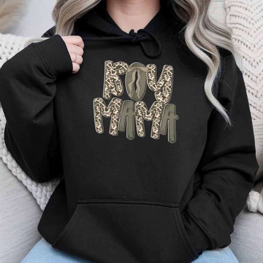 Boy Mama Hoodie | Camo Lettering with Bow Graphic | Soft Cotton Tee | Trendy Western Style Gift for Mom