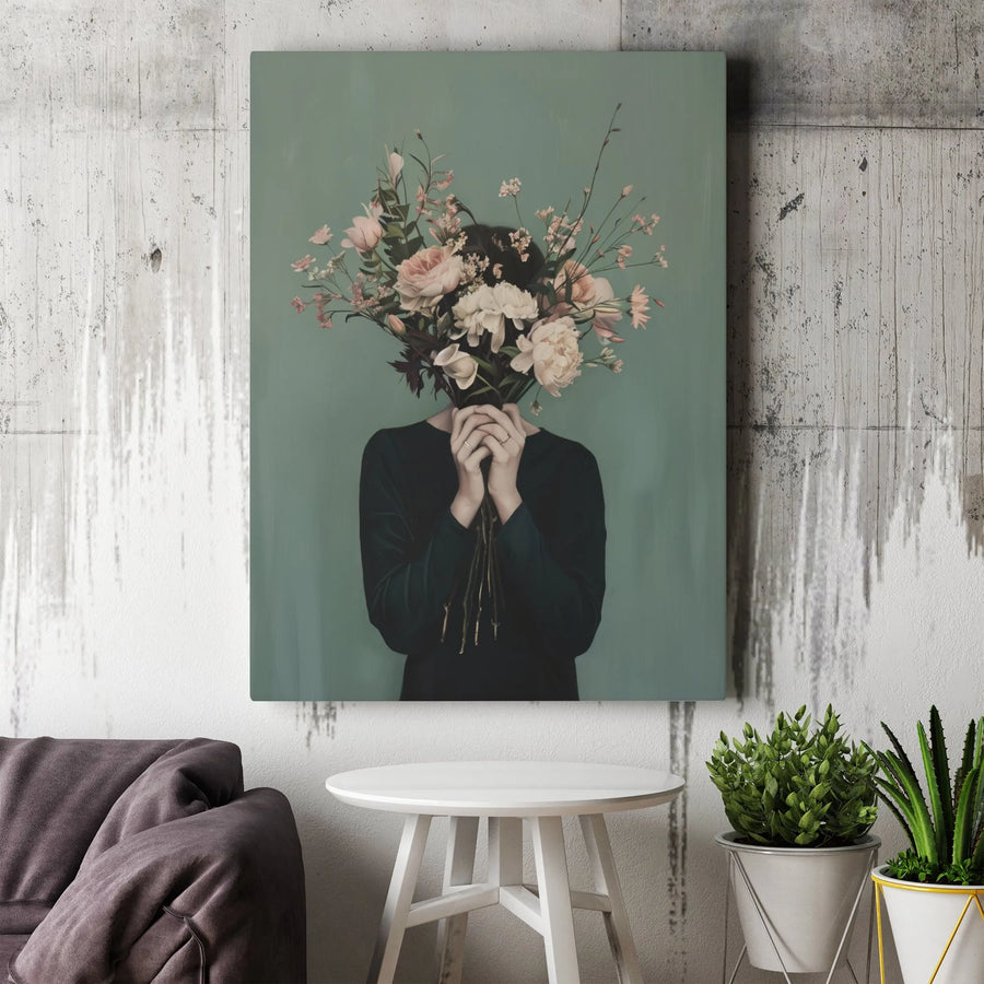 Woman With Flowers Face Canvas | Moody Botanical Portrait | Premium Gallery Wrap Decor | Aesthetic Wall Art for Living Room Home Office Gift