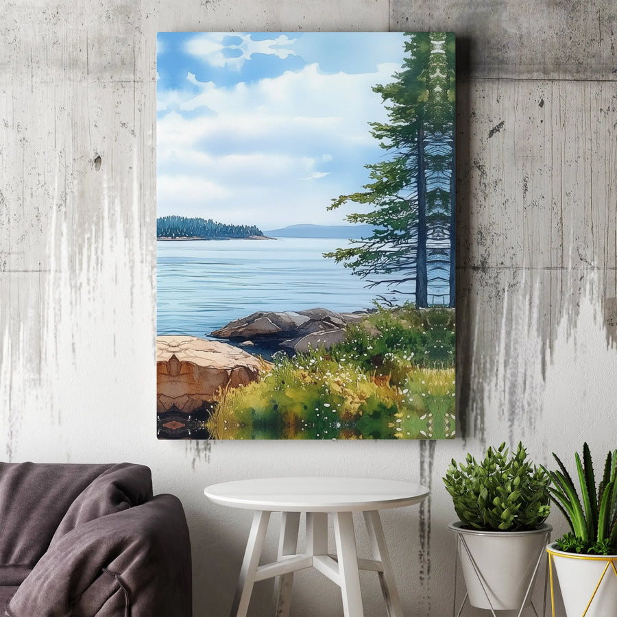 Coastal Landscape Wall Art | Watercolor Pine Tree & Rocky Shore | Premium Gallery-Wrapped Canvas | Nature-Inspired Home Decor Gift