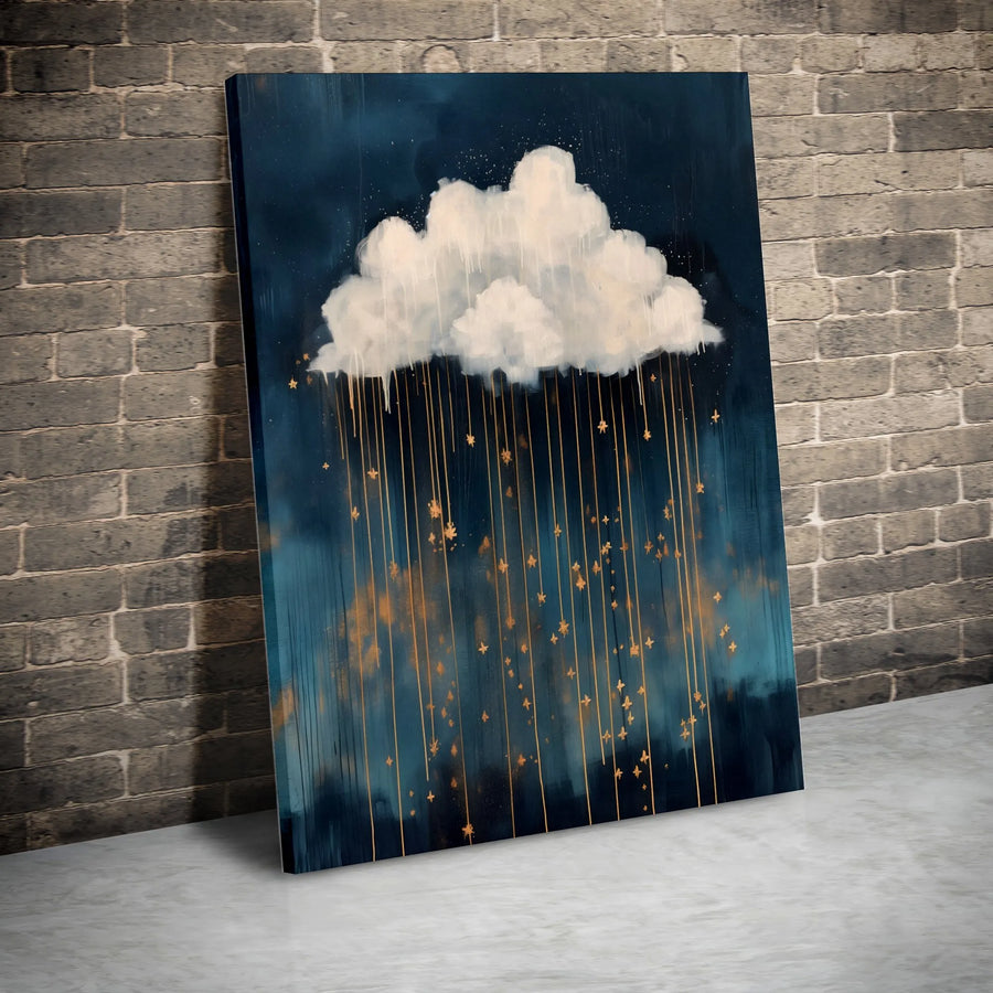 Abstract Raining Stars Canvas Wall Art | Whimsical Cloud with Gold Starry Rain | Premium Gallery Wrapped Canvas | Modern Living Room Decor Gift