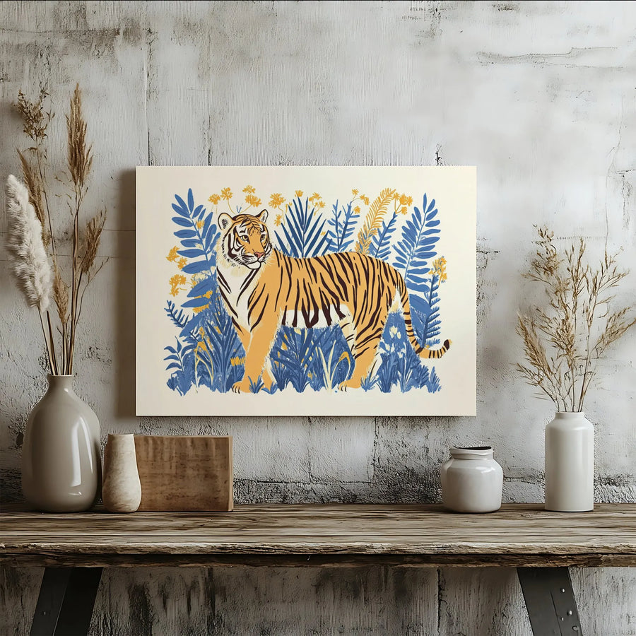 Tiger Canvas Wall Art | Botanical Jungle Illustration | Premium Gallery Wrapped Print | Modern Animal Home Decor Gift