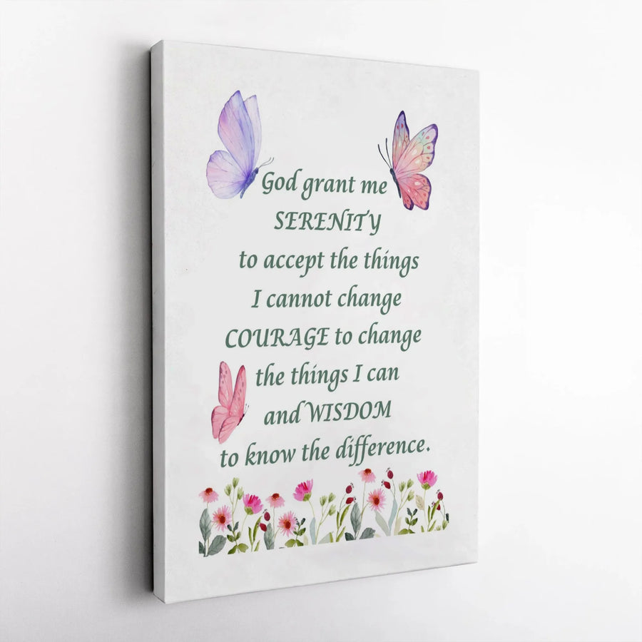 Serenity Prayer Wall Art | Watercolor Butterfly Floral Canvas | Premium Gallery Wrap | Inspirational Spiritual Home Decor Gift