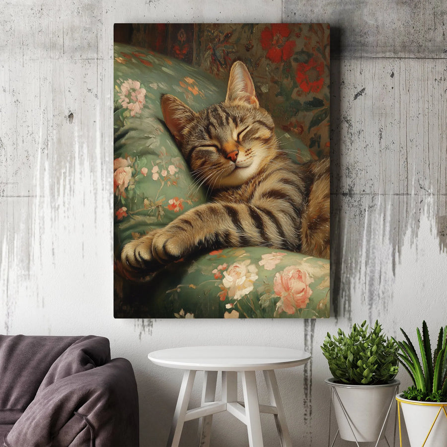Vintage Cat Painting Canvas | Sleeping Tabby on Floral Pillow | Premium Frameless Wall Art | Collector's Gift for Cat Lovers, Cozy Home Decor