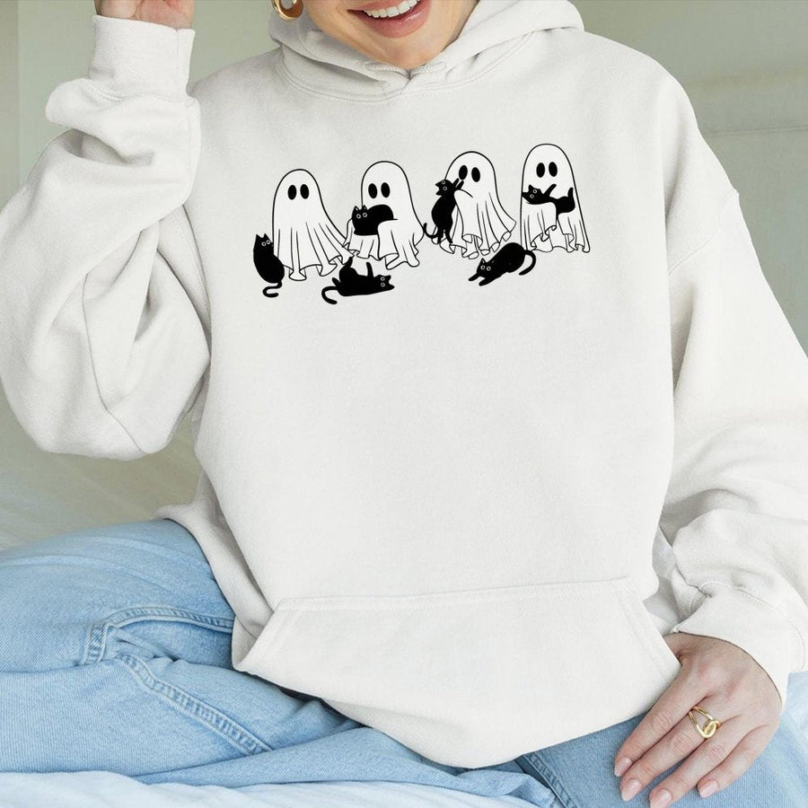 Ghost Cat Halloween Hoodie | Cute Spooky Kitten Graphic | Premium Cotton Blend Sweatshirt | Unisex Fall Gift for Cat Lovers