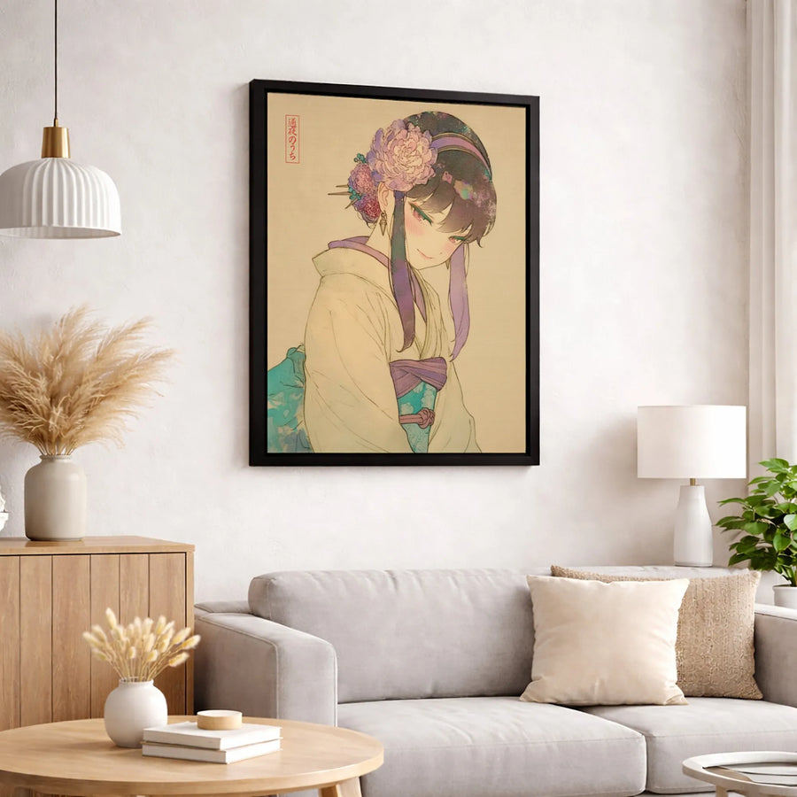 Anime Girl Canvas Print | Floral Kimono Illustration | 1.25-Inch Premium Gallery Wrap | Japanese Aesthetic Wall Art Decor Gift