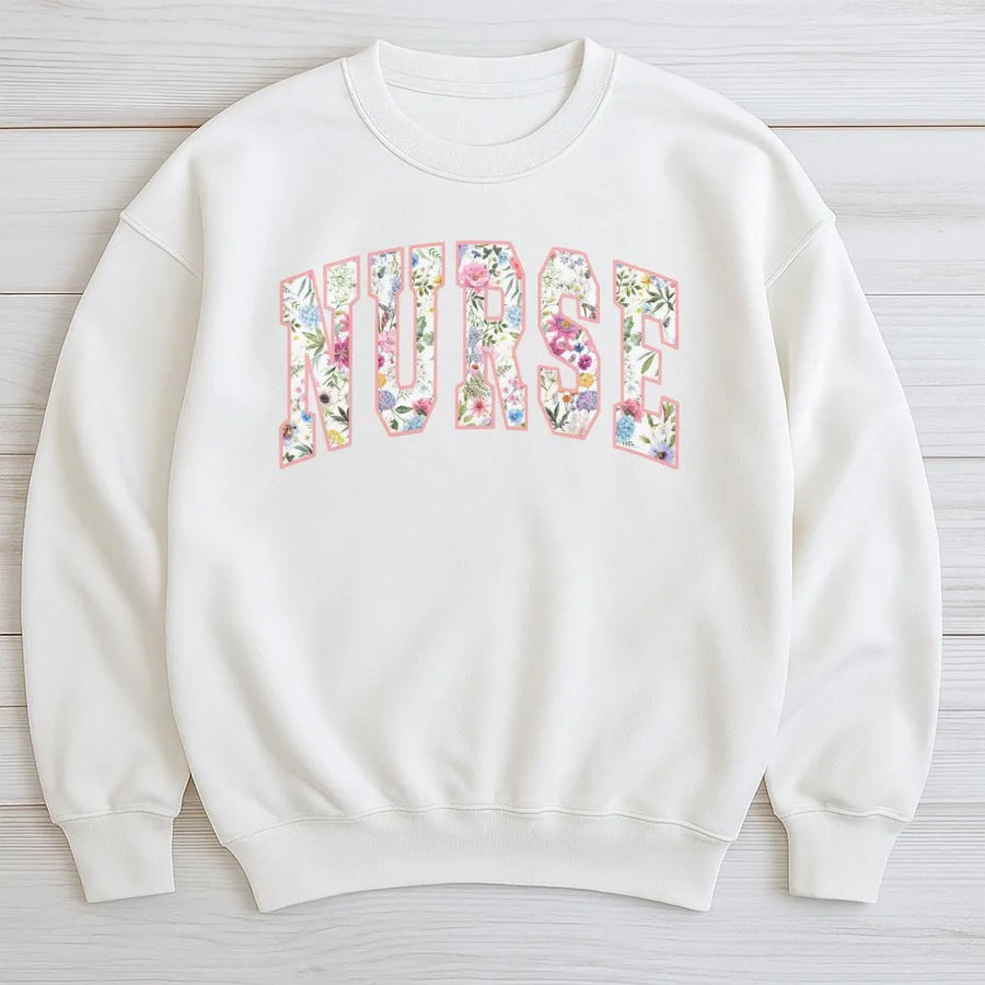 Floral Nurse Sweatshirt | Botanical Varsity Letter Design | Soft Cotton-Poly Blend | Appreciation Gift for Nursing Students and RNs