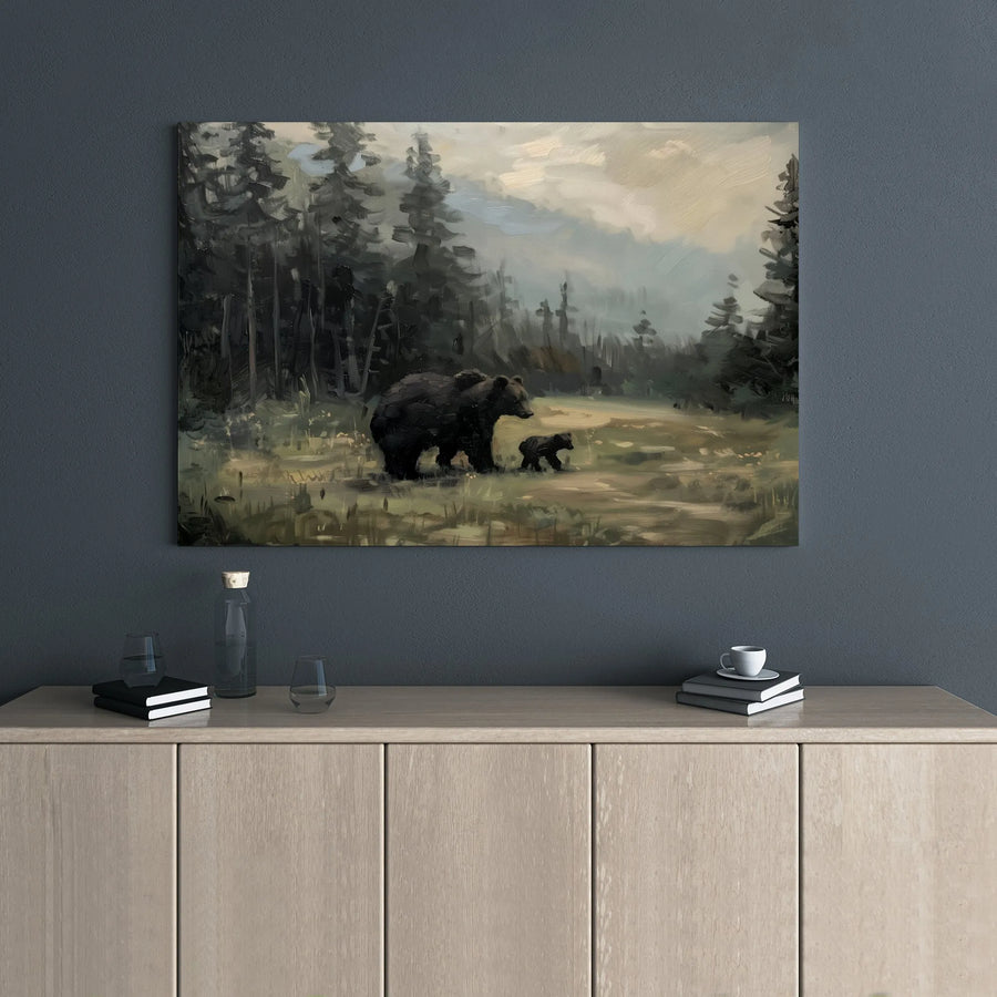 Mother Bear and Cub Wall Art | Rustic Forest Landscape Painting | Gallery Wrapped Canvas | Wildlife Decor for Cabin or Home