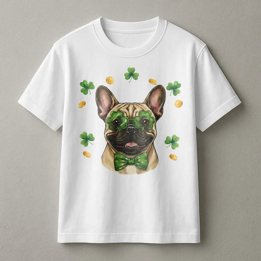 French Bulldog St. Patrick's Day T-Shirt | Clover Glasses Graphic Print | Premium 100% Cotton | Lucky Dog Mom Gift