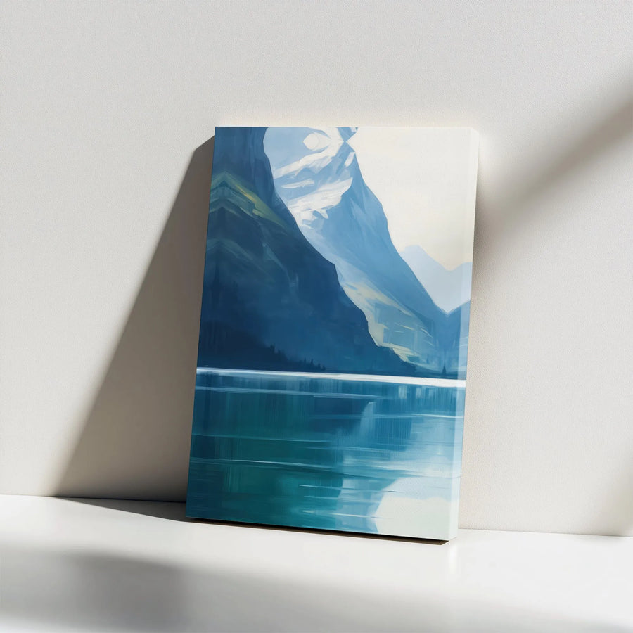 Abstract Mountain Lake Canvas | Modern Blue Landscape Wall Art | Premium Gallery Wrap Print | Serene Nature Decor For Living Room