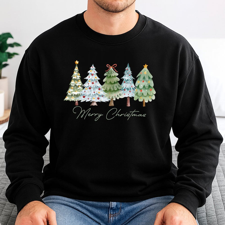 Watercolor Christmas Tree Sweatshirt | Festive Holiday Graphic Print | Premium Cotton Blend Crewneck | Merry Christmas Gift For Her