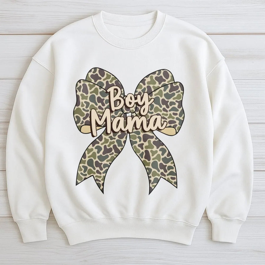 Boy Mama Sweatshirt | Camo Coquette Bow Graphic Design | Premium Cotton Blend | Gift For New Mom Or Boy Mom Birthday
