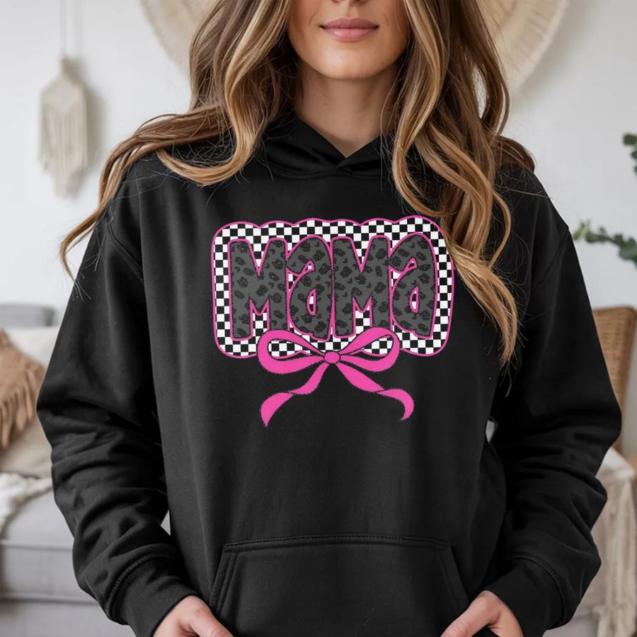 Coquette Mama Hoodie | Leopard Checkered Pink Bow Graphic | Premium Crewneck Pullover | Trendy Gift for New Mom