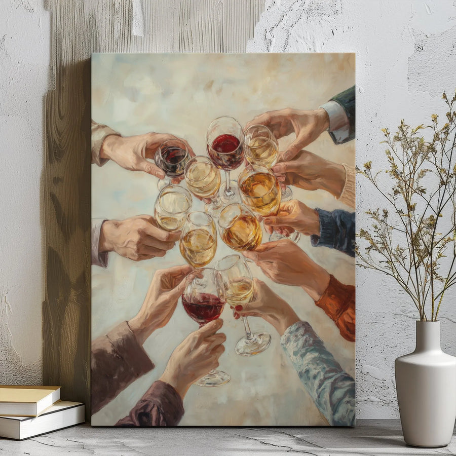 Wine Toast Canvas Wall Art | Cheers Group Celebration Oil Painting | Premium Gallery-Wrapped Print | Kitchen and Dining Room Decor Gift