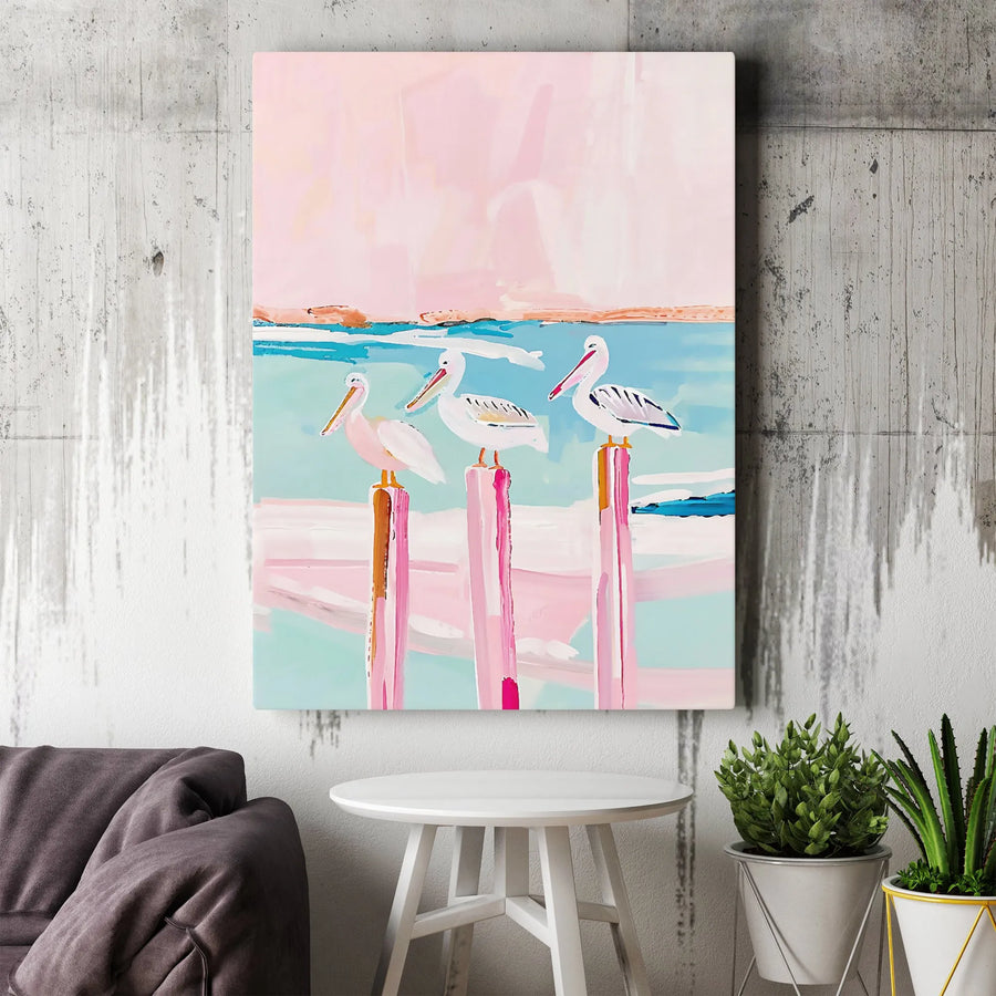 Coastal Pelican Canvas Wall Art | Abstract Trio Painting Print | Premium Thick Gallery Wrap Canvas | Modern Beach House Decor Gift