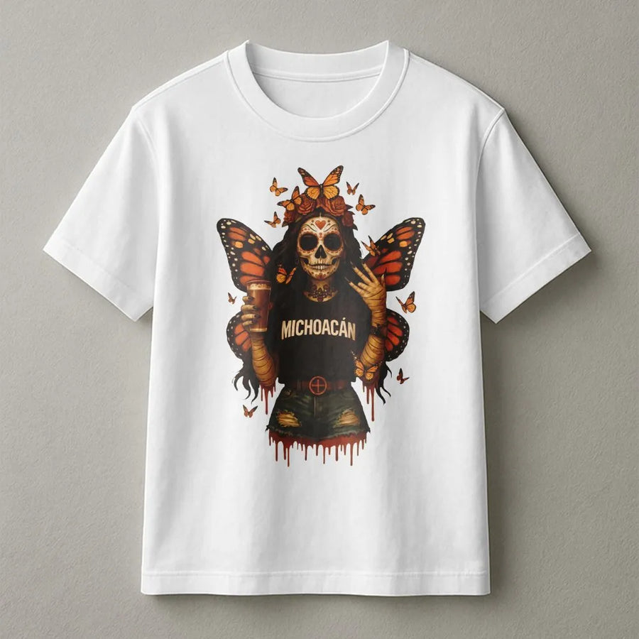 Michoacán Butterfly Skull T-Shirt | Dia De Los Muertos Monarch Graphic | 100% Cotton Premium Tee | Mexican Heritage Gift for Men and Women