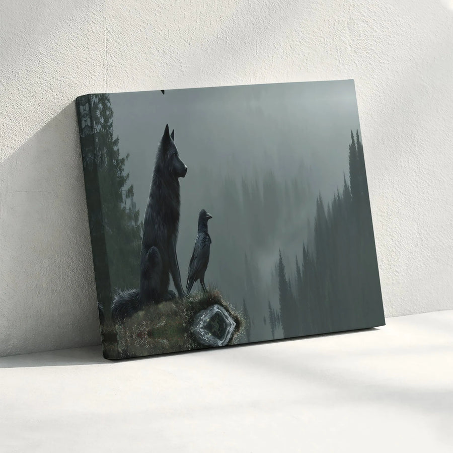 Wolf and Raven Canvas Wall Art | Mystical Misty Forest Scene | Premium Gallery Canvas Print | Collector's Gift for Norse Mythology Fans