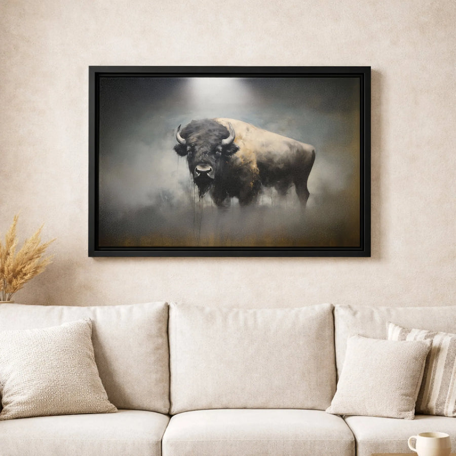 American Bison Canvas Wall Art | Moody Wildlife Portrait in Fog | Premium Gallery-Wrapped Print | Rustic Farmhouse Home Decor Gift