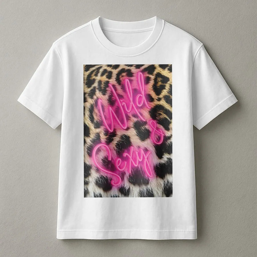 Wild and Sexy Leopard Print T-Shirt | Neon Pink Script Graphic | Premium Cotton Aesthetic Tee | Trendy Preppy Gift for Her