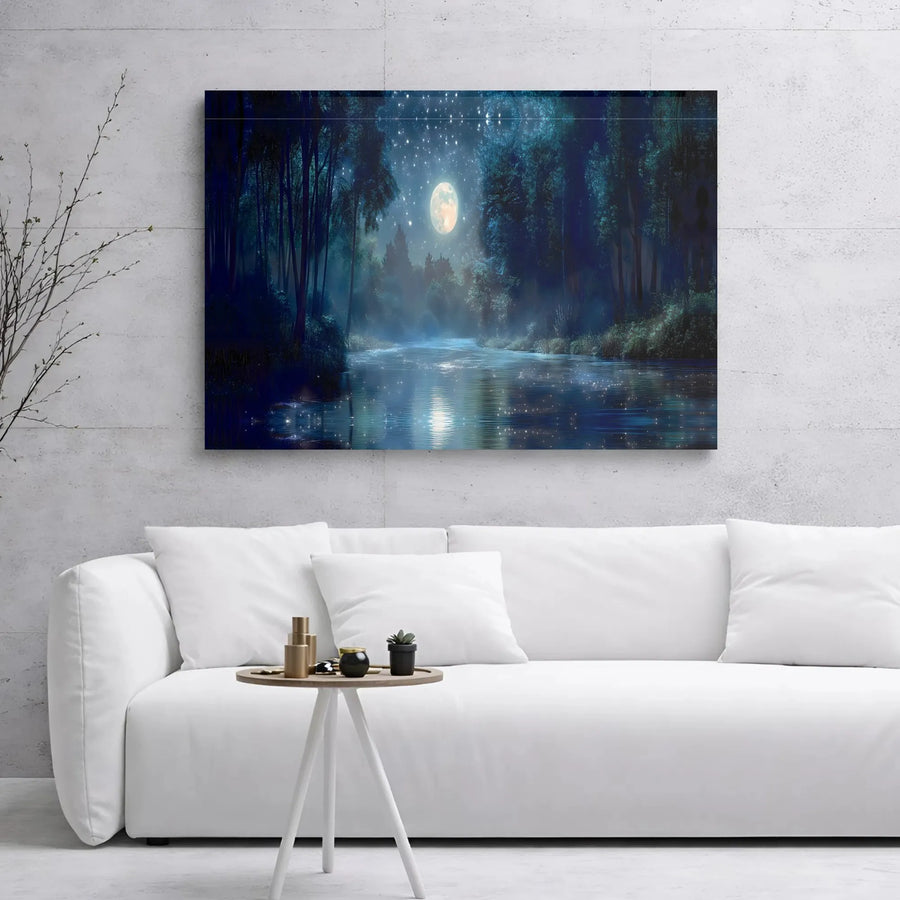 Enchanted Forest Canvas Print | Night River Under Full Moon Wall Art | Premium Gallery Wrap Decor | Ready to Hang Landscape Wall Decor